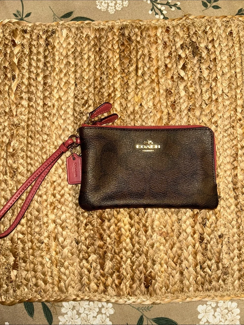 Coach Brown Wristlet with Pink Trim